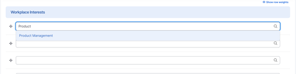 Workplace Interests text fields with Product typed into the textbox and Product Management highlighted in the dropdown menu.