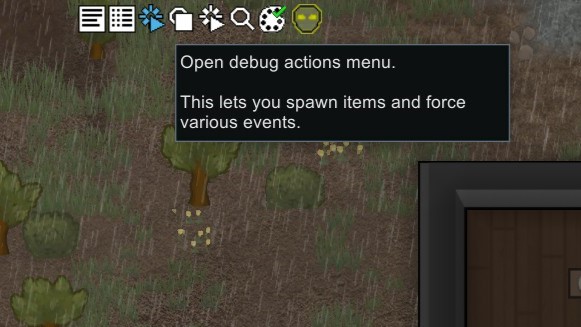 A black window explaining the Debug Actions menu in Rimworld hovers over a row of icons superimposed over rainy terrain.