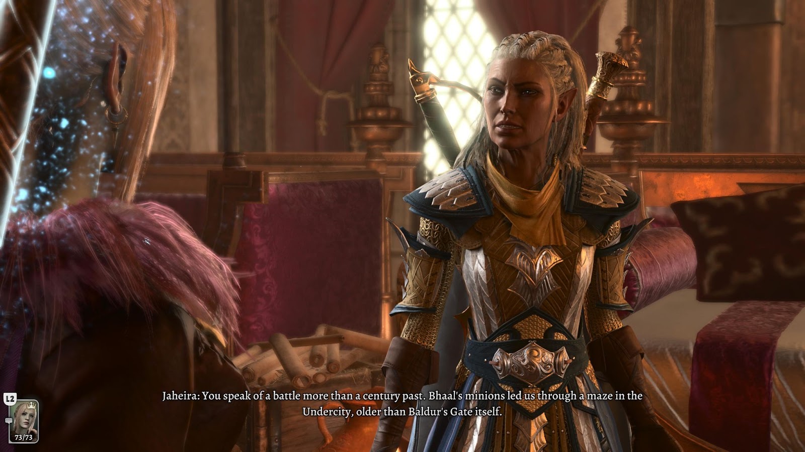 An in game screenshot of the character Jaheira from Baldur's Gate 3. 