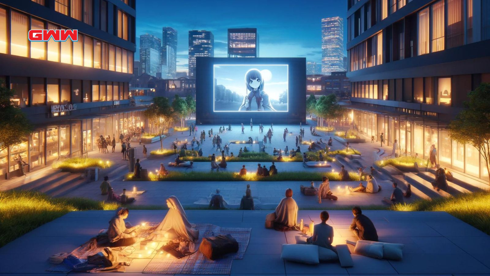 Public plaza with anime projection, free anime viewing spot