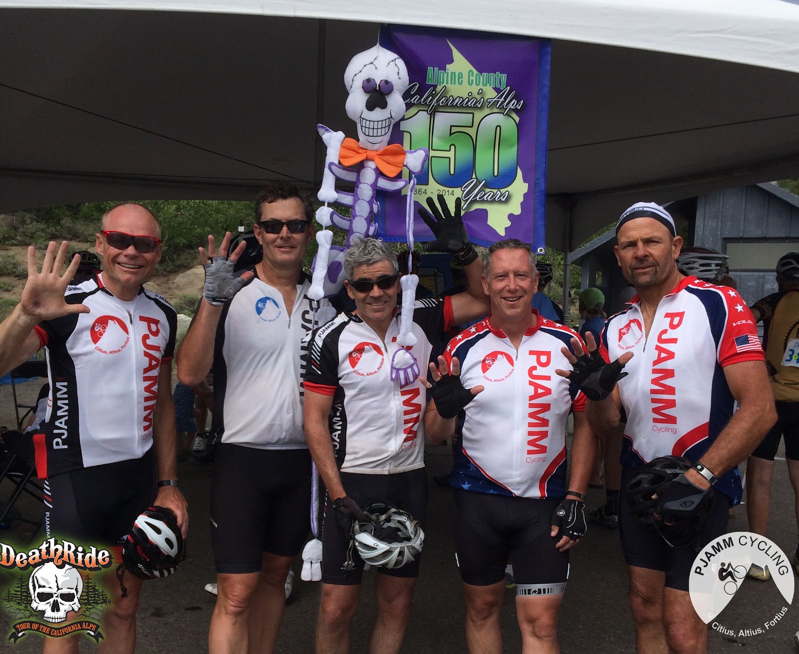 PJAMM Cyclists pose at the finish of 2015 Death ride