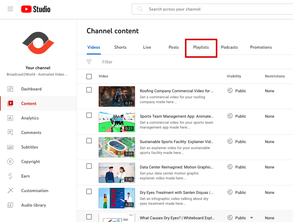 youtube studio playlists tab