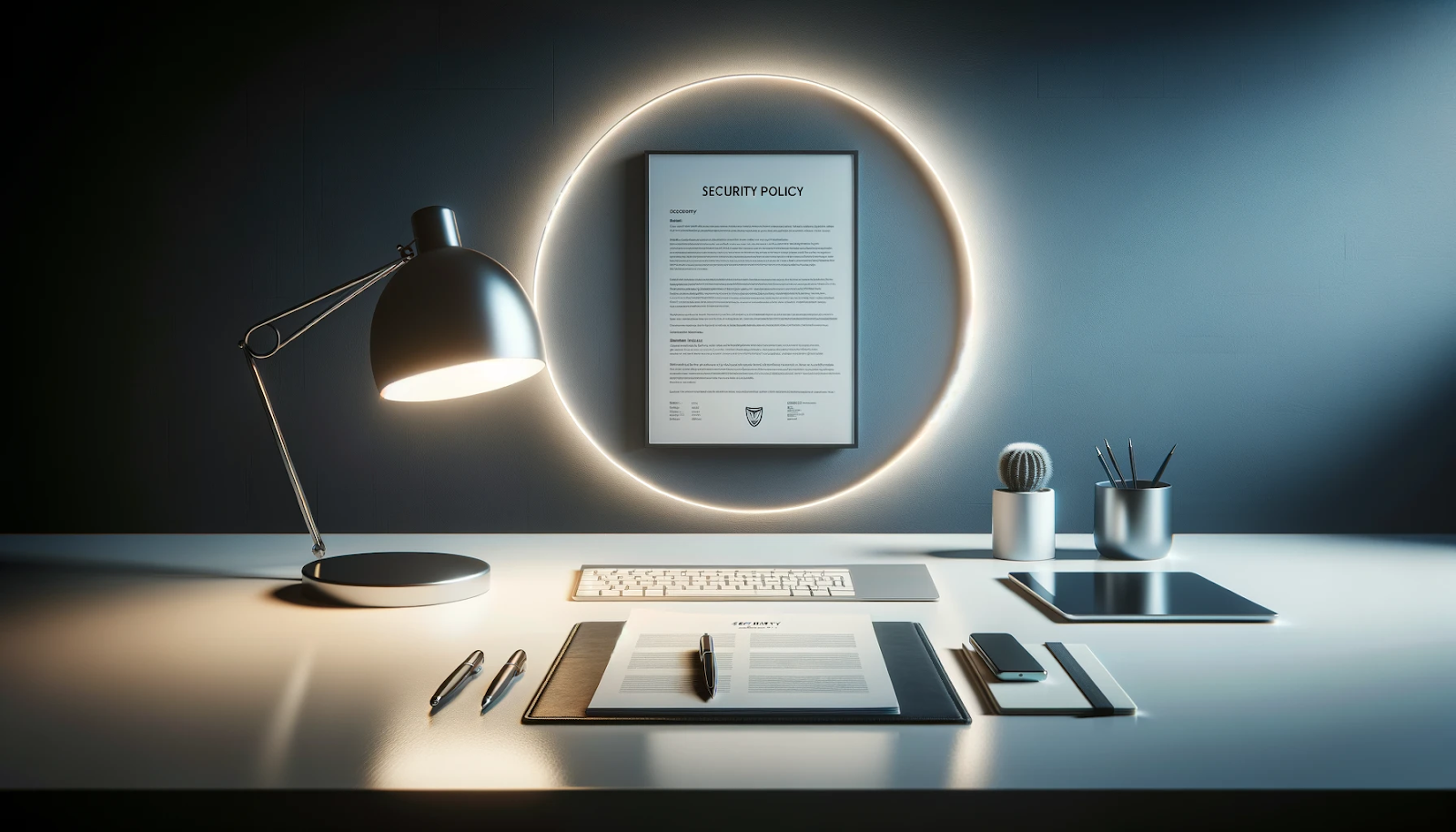 Wide-angle photo of a minimalistic and modern office space with a focus on security documentation. The desk is clean and uncluttered, with a contemporary lamp casting a soft glow on security policy documents prominently displayed in the center. There are no screens or electronic devices, just the essential paperwork, a notepad, and a pen, highlighting the fundamental role of documentation in cyber defense.