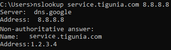 Настройка сетевого экрана pfSense для работы с 3CX В приведенном ниже примере показана проверка резолвинга внешнего IP-адреса FQDN "service.tigunia.com" на публичных DNS-серверах Google (8.8.8.8):