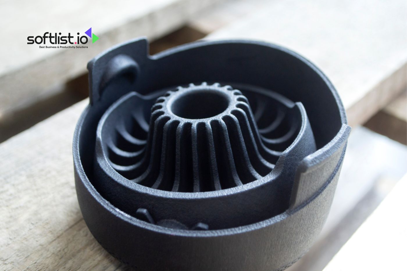 Detailed black 3D printed gear on wood