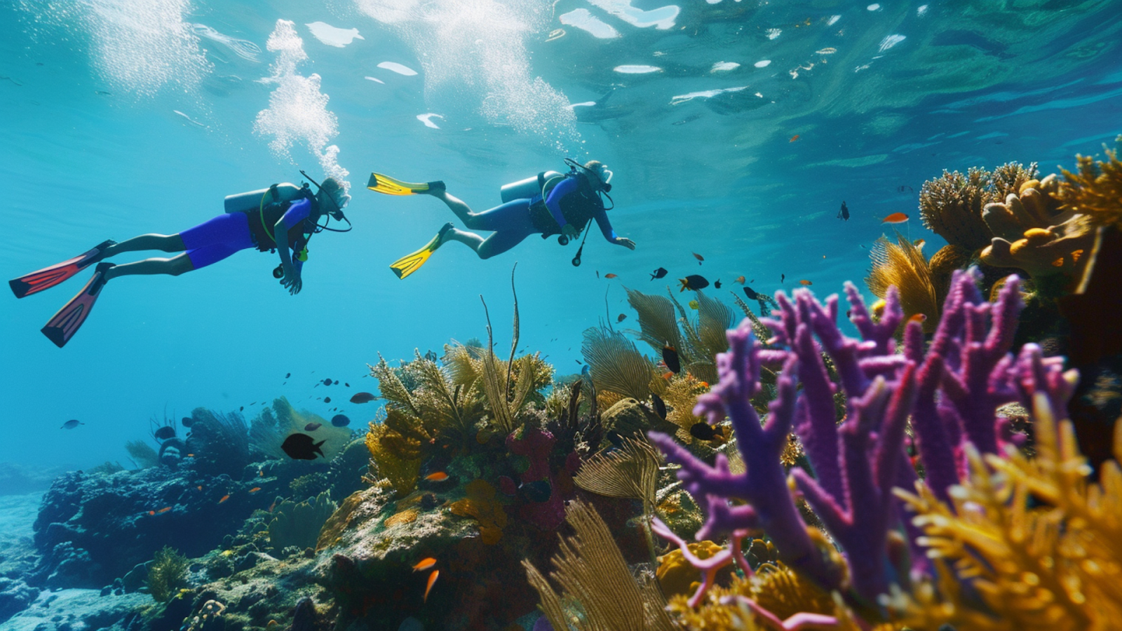 Two people snorkeling with fish and coral formations in Cancun