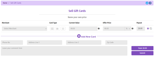 The Gift Card Outlets web page where you fill in your gift card details. 