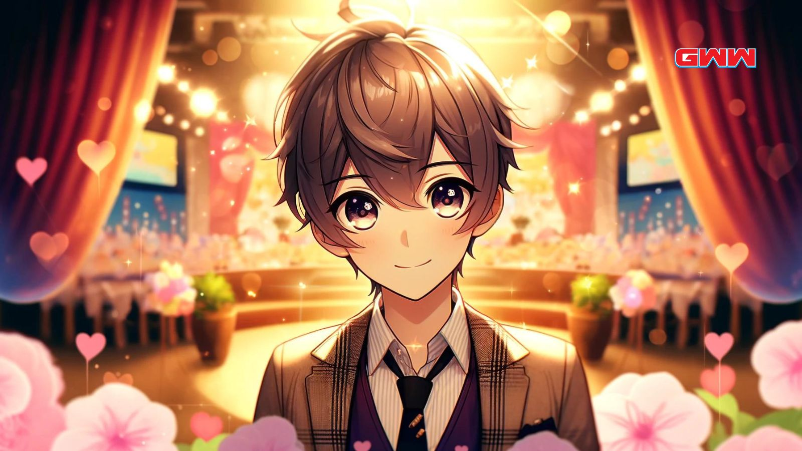Anime boy with bright eyes and smile in a spotlight, background blurred