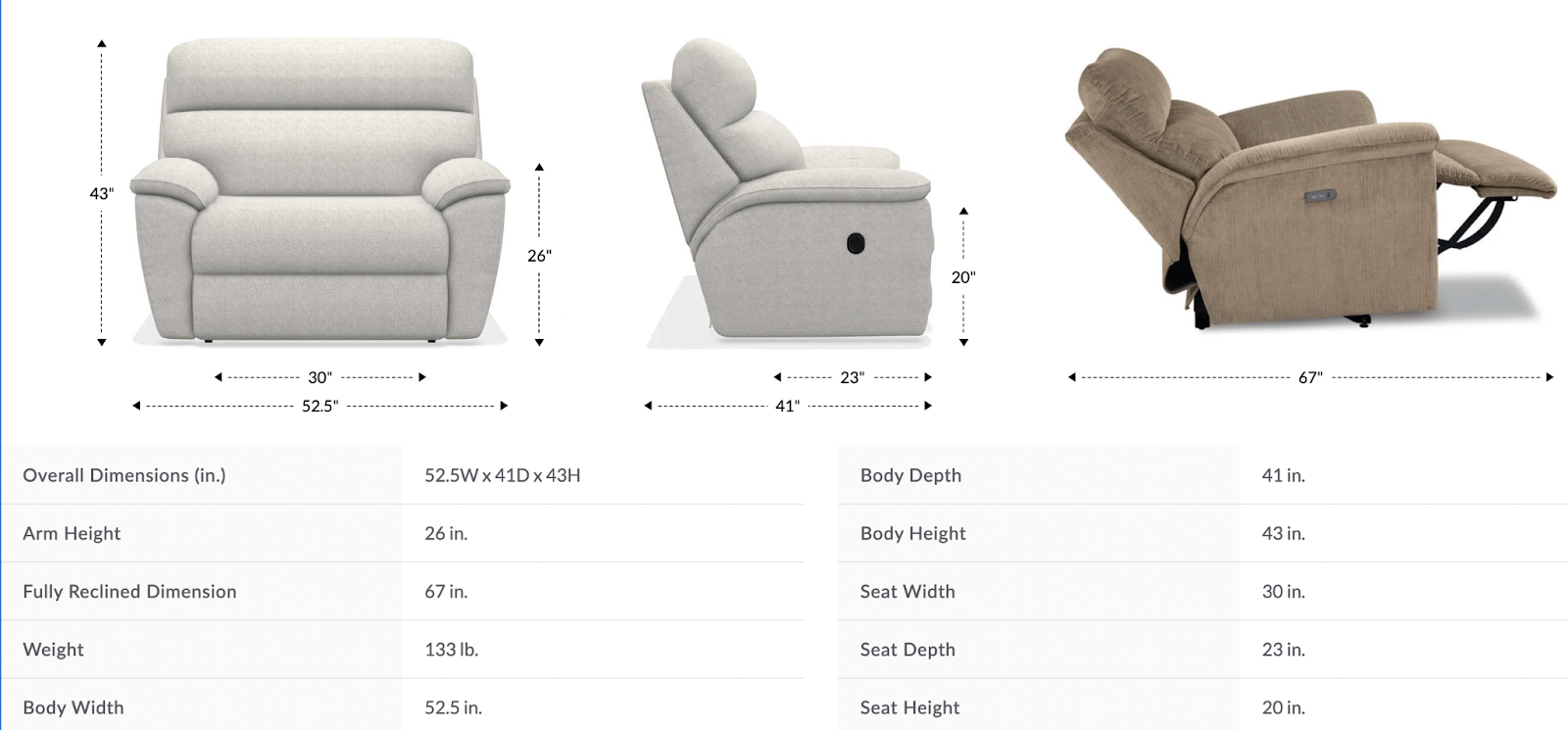 roman reclining chair & a half dimensions