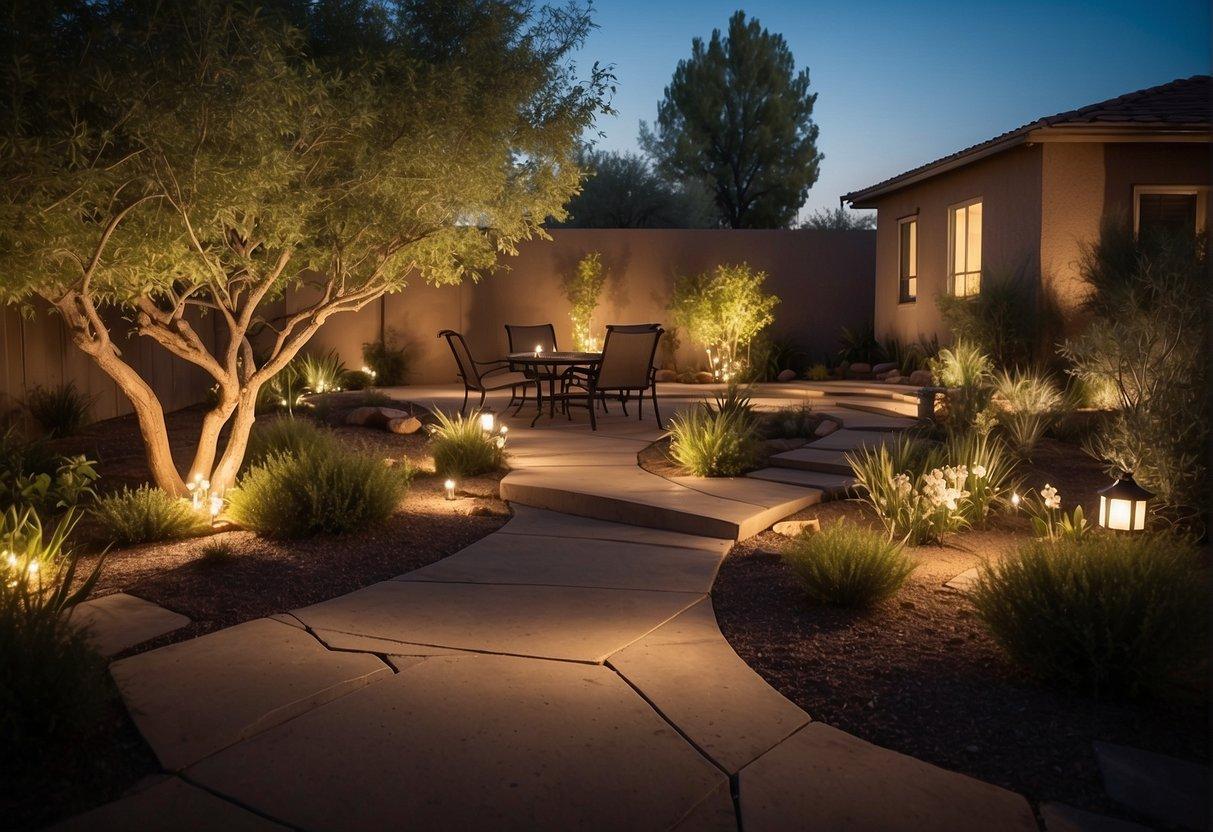 A backyard garden glows with warm, subtle light from strategically placed Phoenix landscape fixtures. Trees and flowers are softly illuminated, creating a tranquil and inviting atmosphere