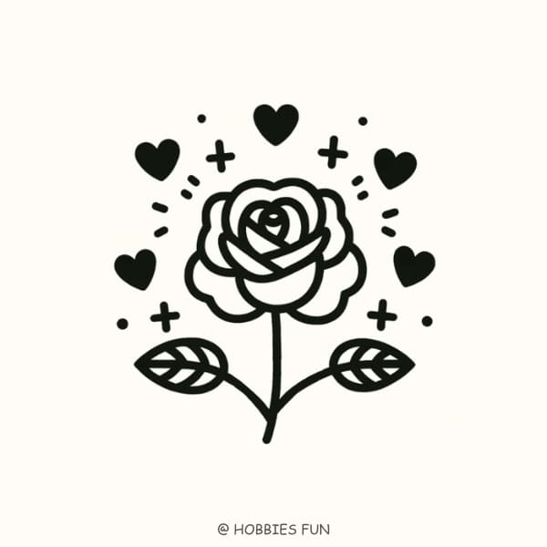 rose drawing, Rose with Hearts