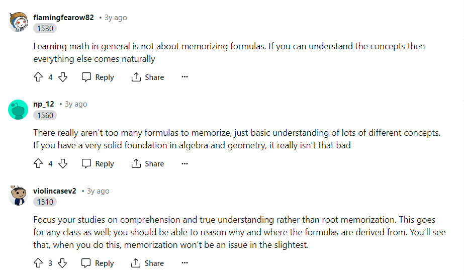 A screenshot from Reddit with students' feedback where they highlight that understanding formulas is more important than memorizing them