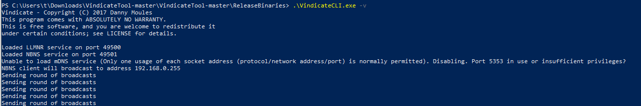 Vindicate (3) is another open-source broadcast poisoning detection tool written in C# screenshot by white oak security 