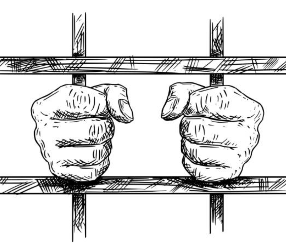 A drawing of two hands holding a prison bars

Description automatically generated