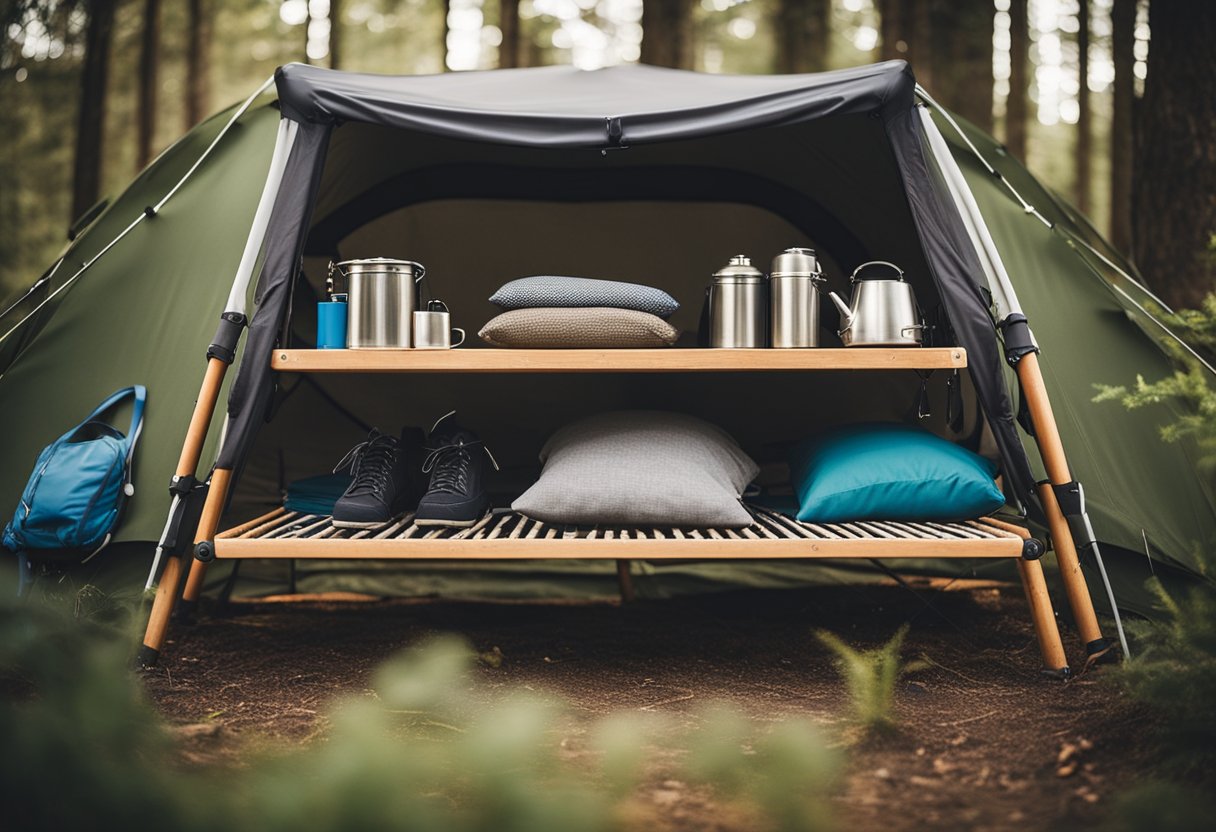 A camping cot surrounded by outdoor accessories and enhancements