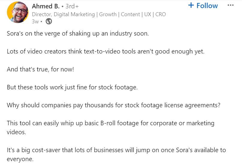 LinkedIn user  writes "Sora's on the verge of shaking up an industry soon"