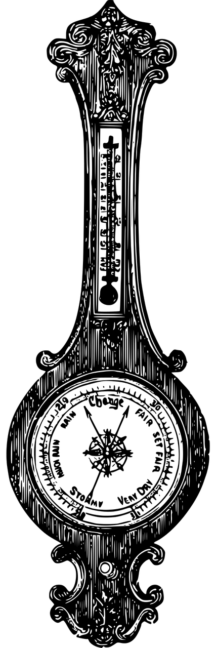 A black and white drawing of a large barometer. It's circular at the bottom with a straight line of wood and thermometer going upward. There are scrolling details along the edges.