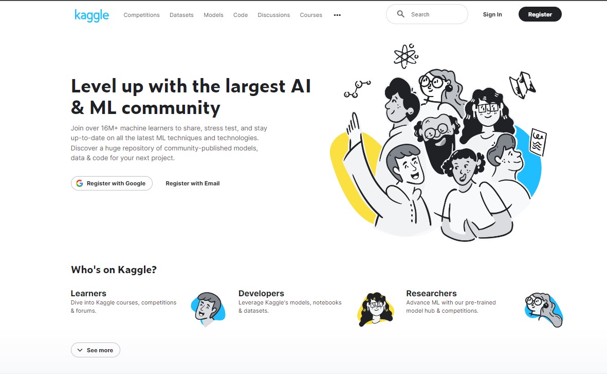 Obrázok zobrazujúci hlavnú stránku Kaggle, platformy pre machine learning