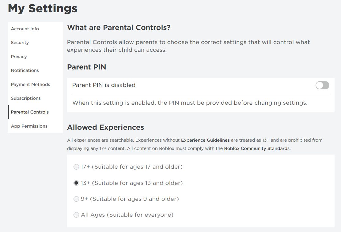 roblox parental controls and settings