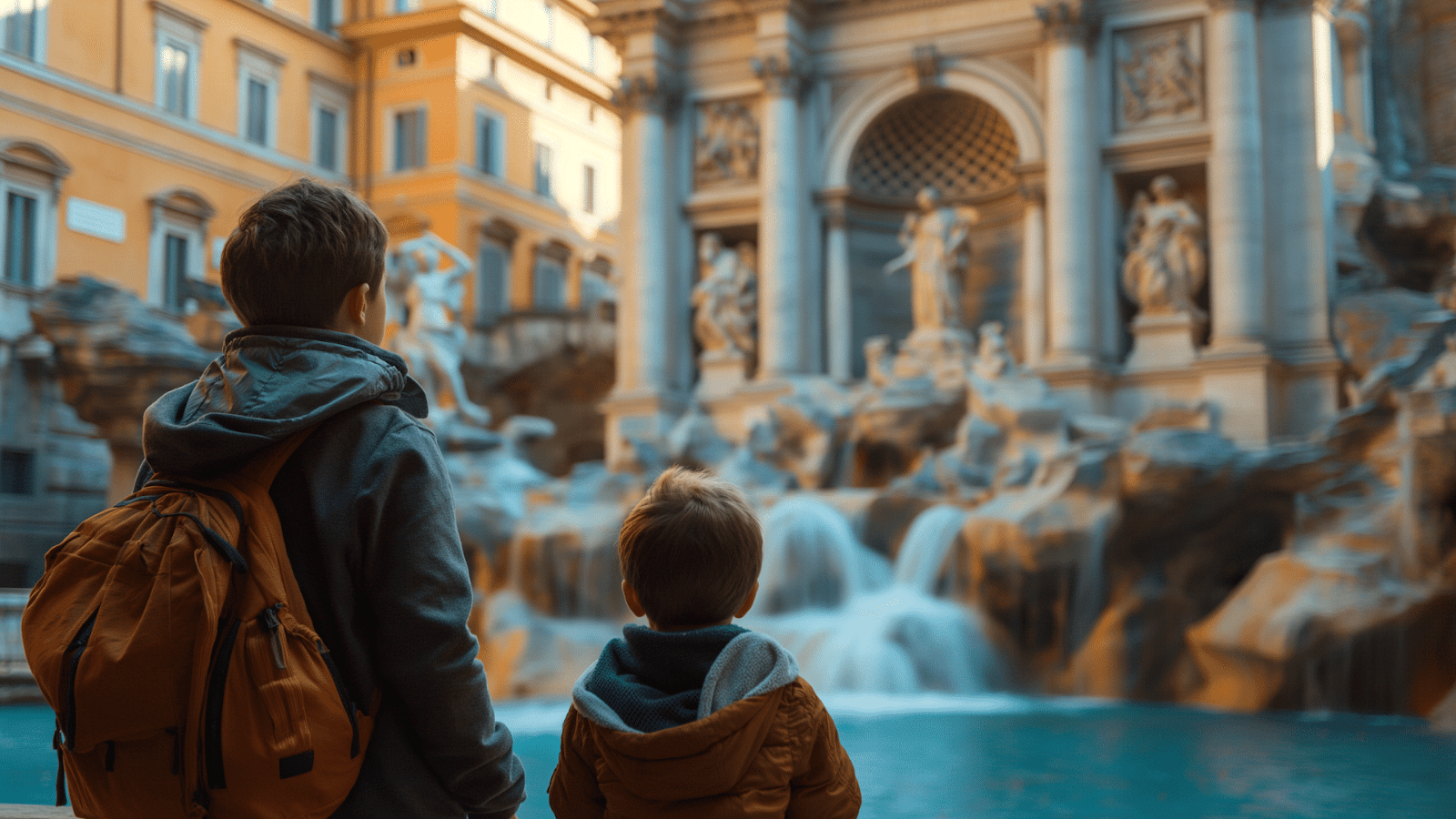 Two kids mesmerized by Trevi Fountain, a moment before tossing coins