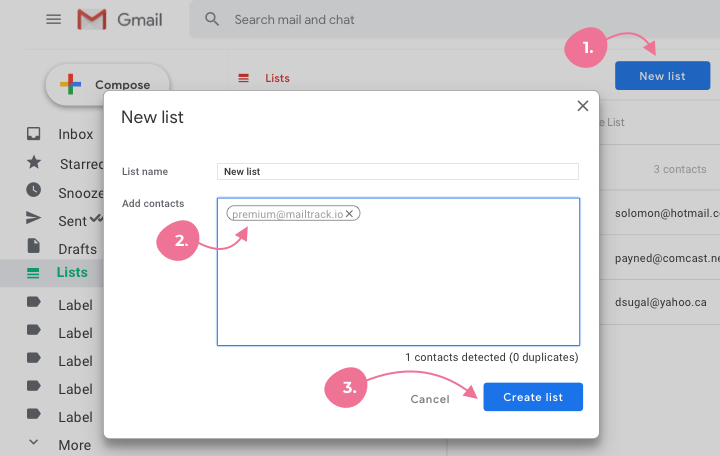 Creating a new list in Mailsuite