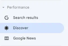 Print do menu do Google Search Console indicando onde fica o relatório do discover