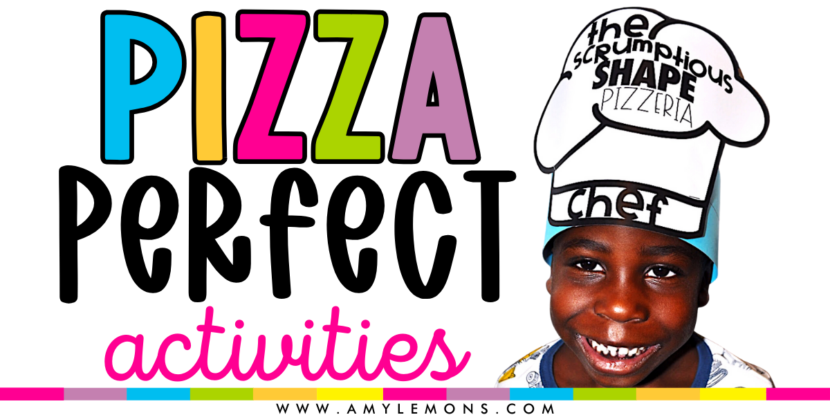 Pizza-themed activities introduction image with a young boy wearing a chef hat that says "the scrumptious shape pizzeria."