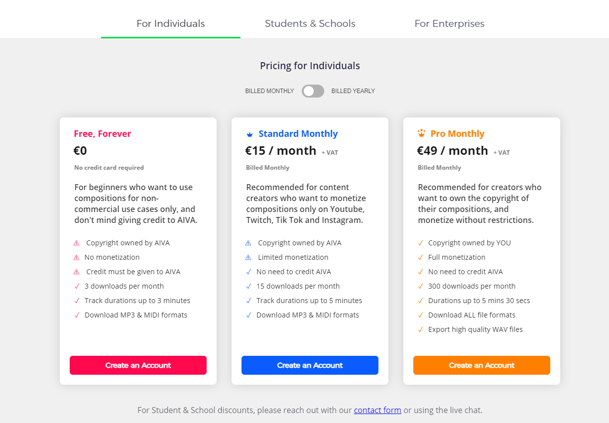 The pricing plans for the AIVA music generator.