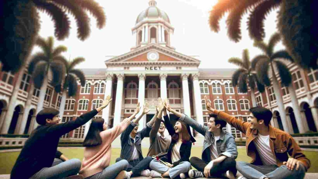 A group of jubilant students celebrating in front of a college building, symbolizing their shared journey and camaraderie.
