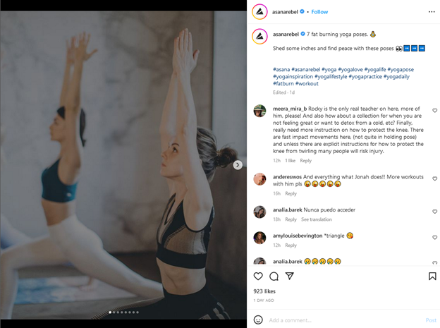 Asana Rebel fitness app Instagram post
