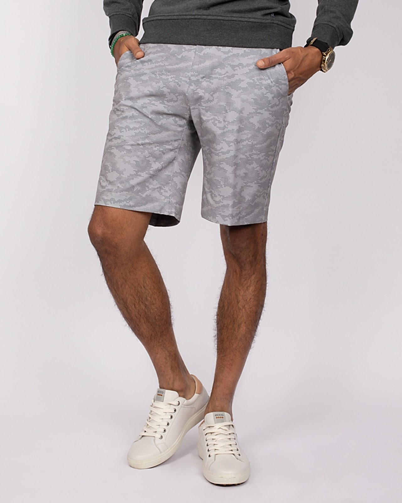 Man wearing Cutter & Buck Big & Tall Bainbridge Sport Short Camo Print in Polished Camo/Grey Camo