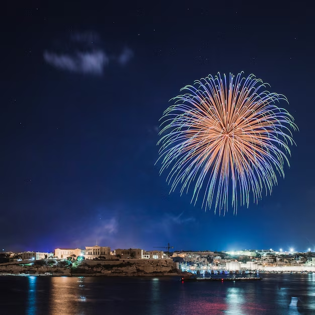 A coastal town displaying stunning New Year fireworks.