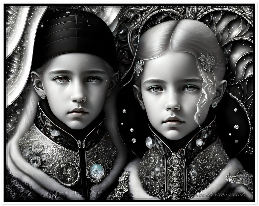 boy and girl faces with icy clothes and jewellery made out of clear glass Mucha style in icy surrond