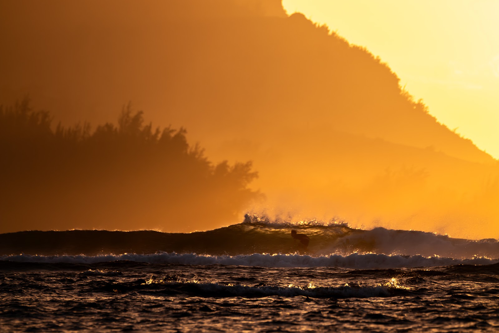 Photo of a landscape with ocean, trees and a mountain.