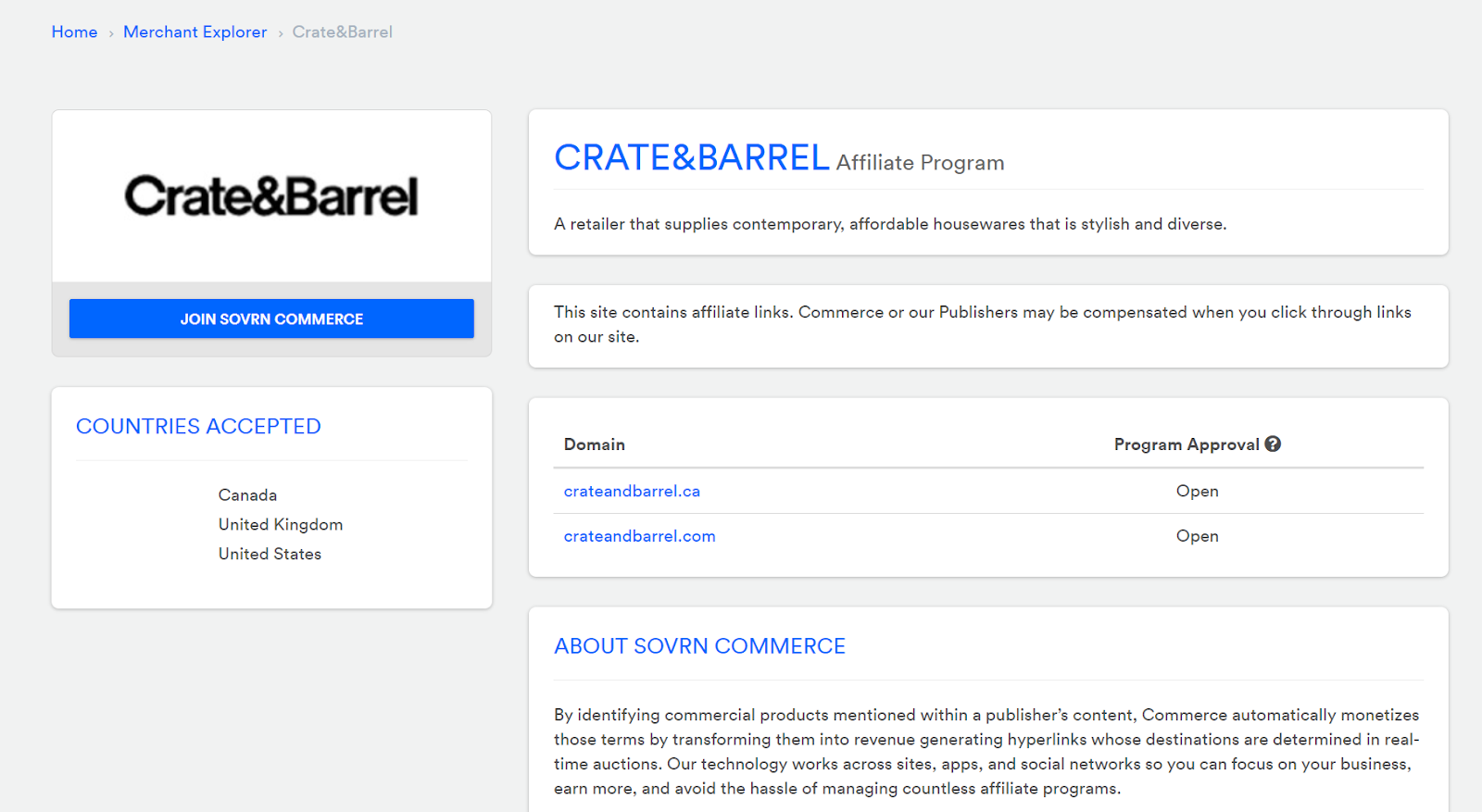 Crate and Barrel affiliate program home page