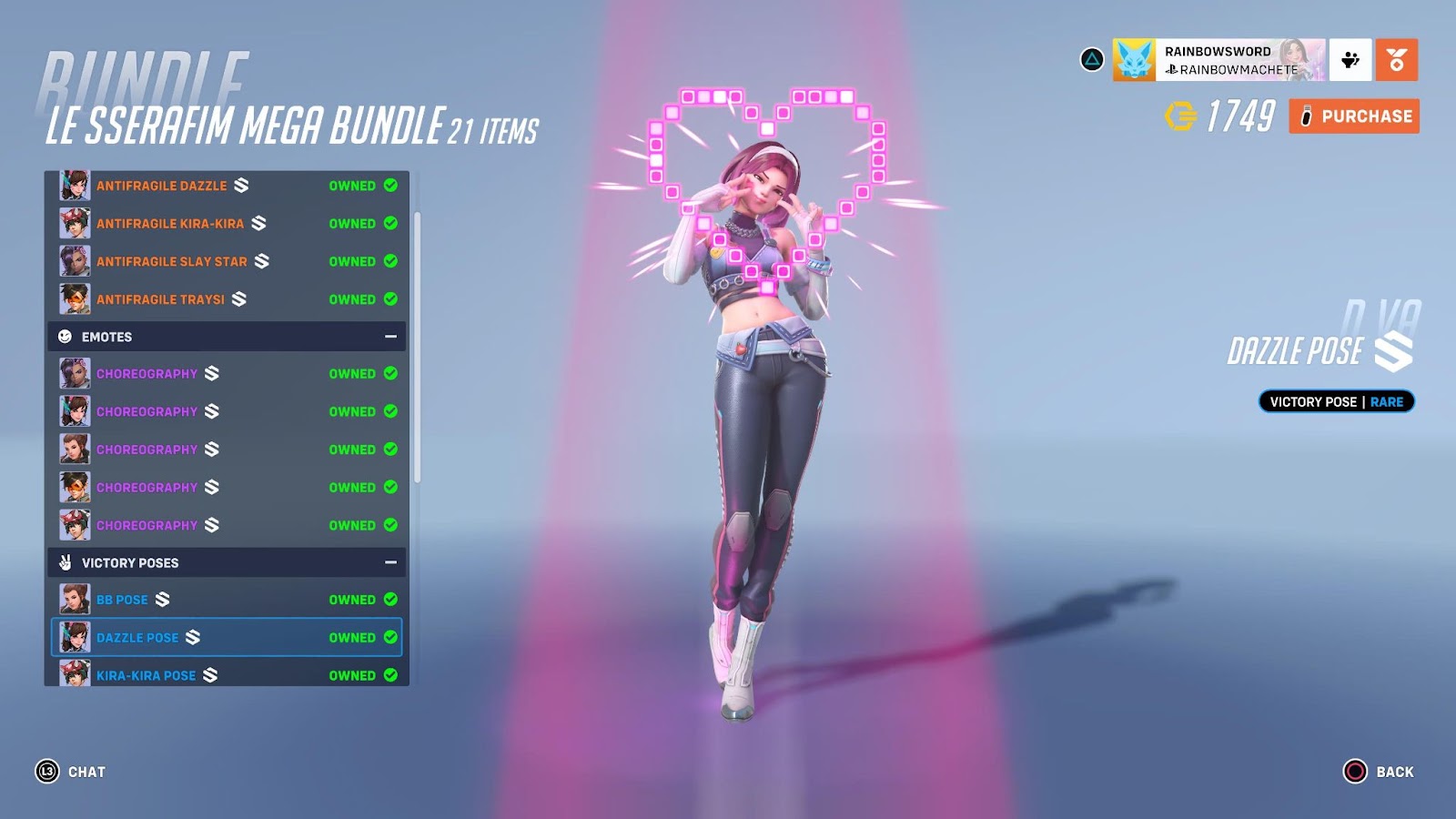 A screenshot of D.Va's skin from the Le Sserafim x Overwatch 2 collab. 