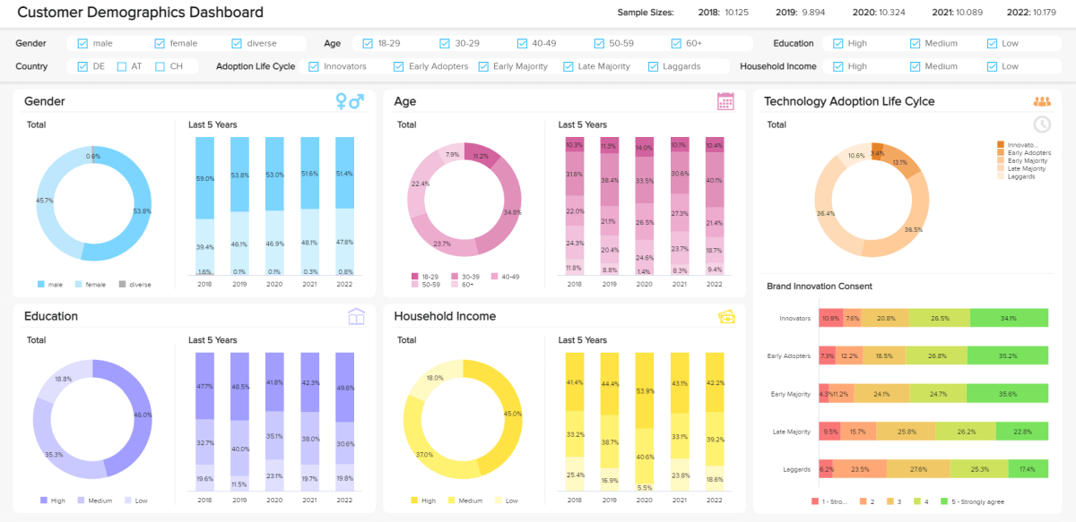 Interactive dashboard features example: market research dashboard tracking customer demographics metrics  