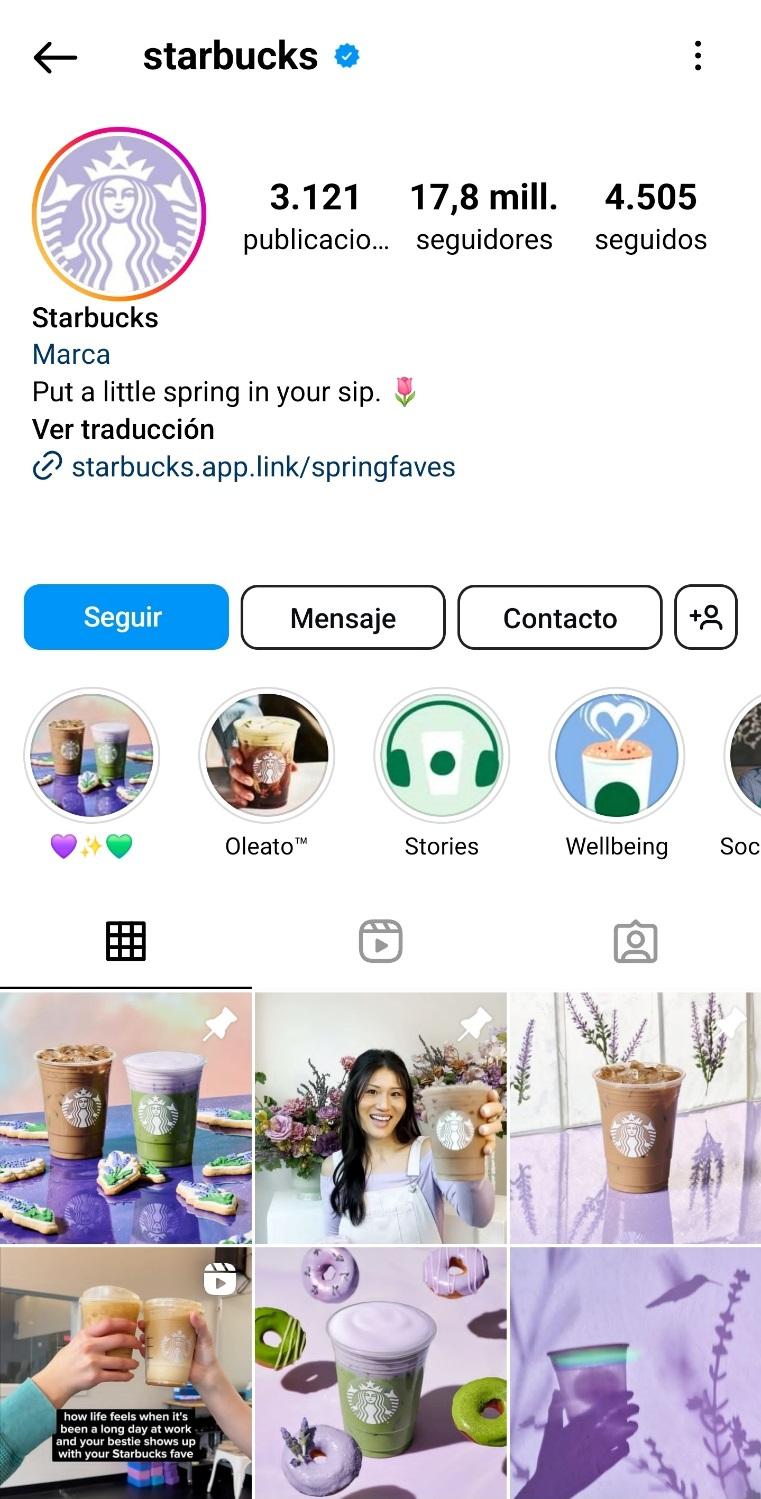 Feed de Instagram de la empresa Starbucks
