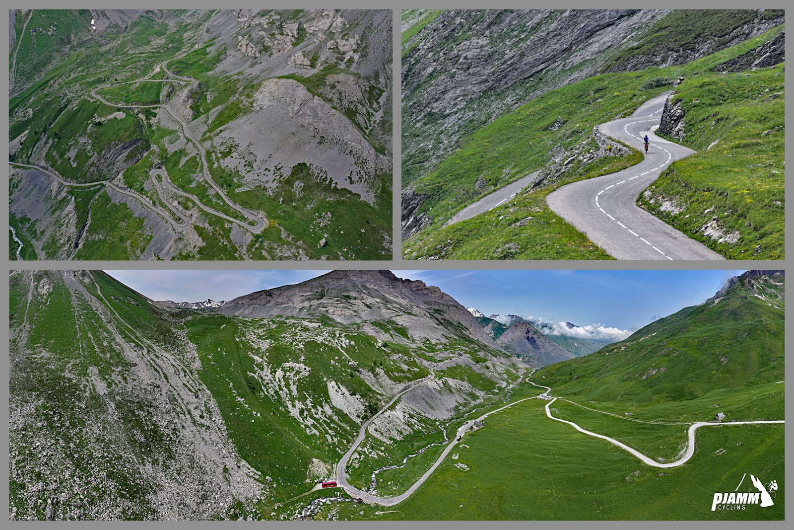 Cycling Col du Galibier from Valloire: photo collage shows aerial drone and panoramic views of hairpin turns at kilometer 10