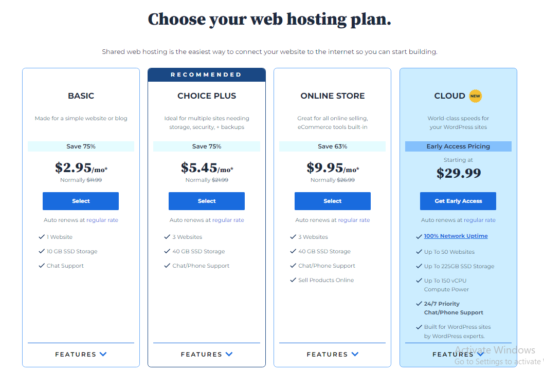 Bluehost Pricing plan