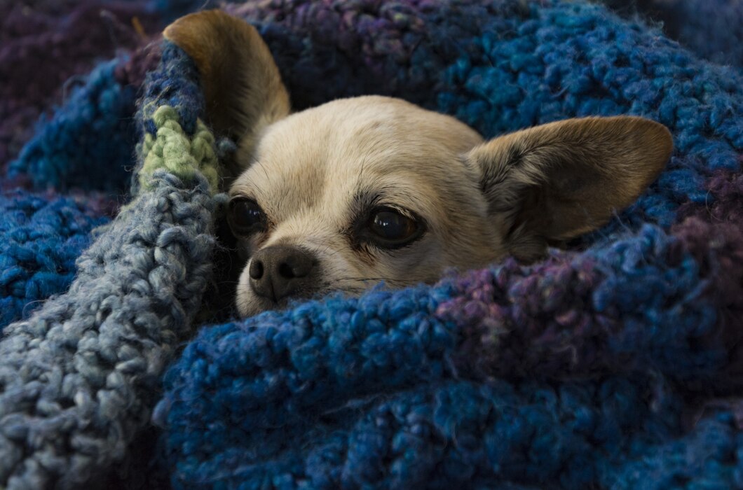 Closeup shot of a cute brown chihuahua wrapped with a blue cozy blanket