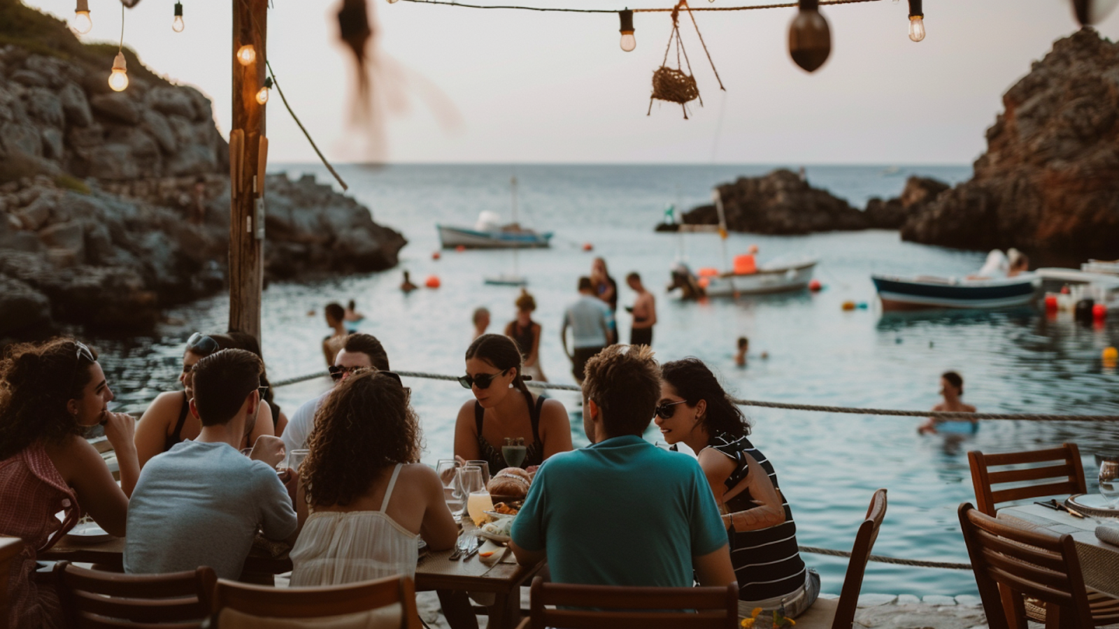 People dining by the beach during summer in Santorini