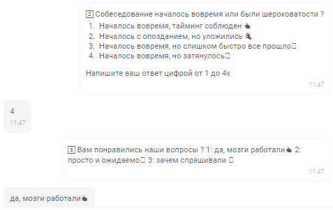 Чат-бот ведёт диалог на «вы» и задаёт вопросы по пройденному собеседованию