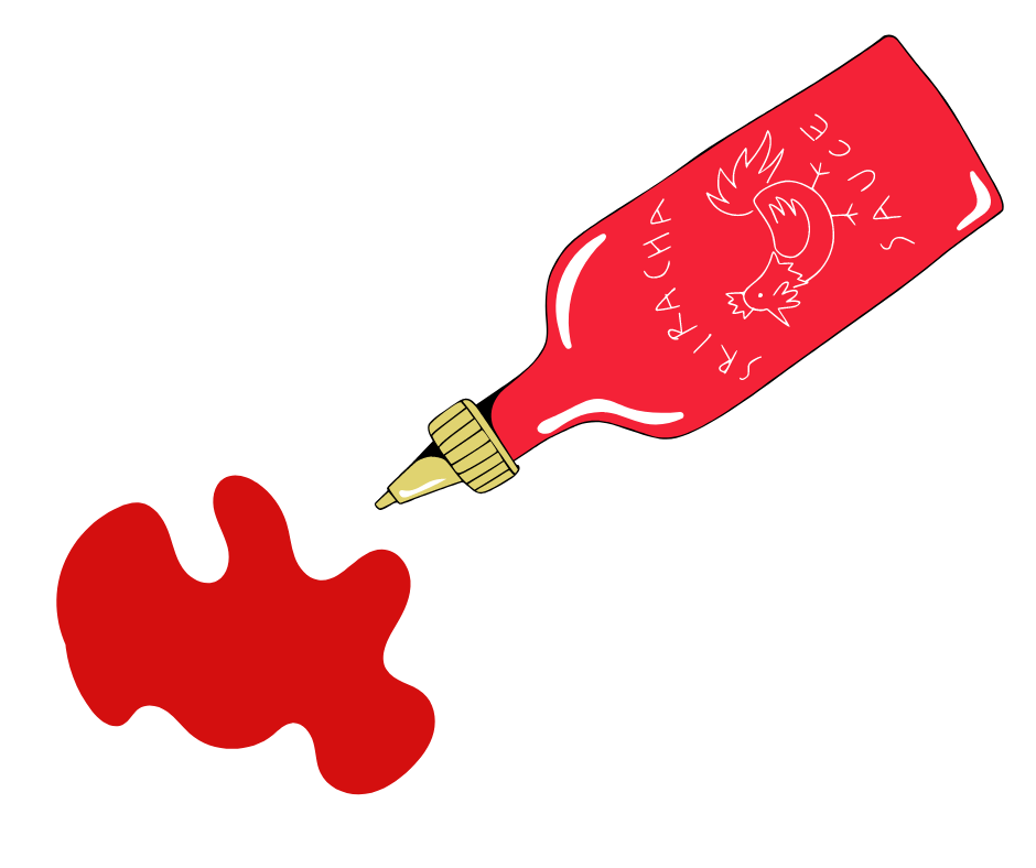 A cartoon bottle of Sriracha Sauce squirting out a puddle of sauce