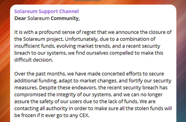 Image Source: Solareum Telegram Support Channel (Addressing users to cease bot)