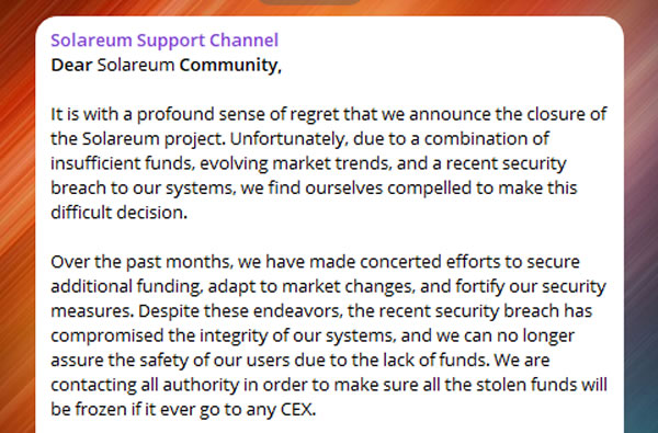 Image Source: Solareum Telegram Support Channel (Addressing Users To Cease Bot)