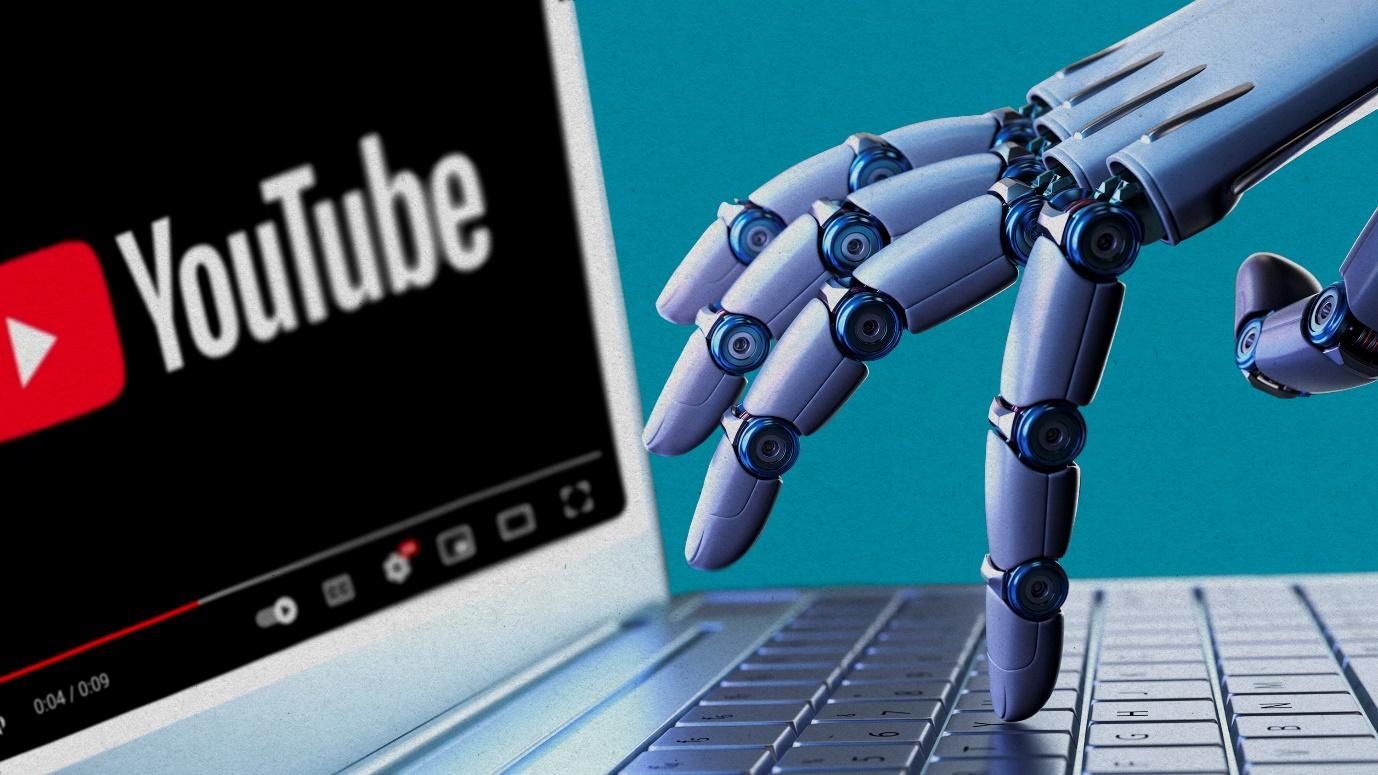 Photo Illustration showing a robotic hand using laptop, watching YouTube