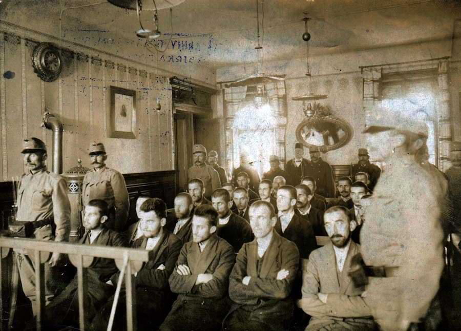 The Sarajevo trial in progress with Gavrilo Princip seating in the center of the first row