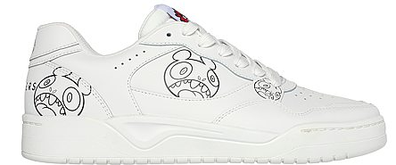 A white sneaker with a cartoon character on it

Description automatically generated