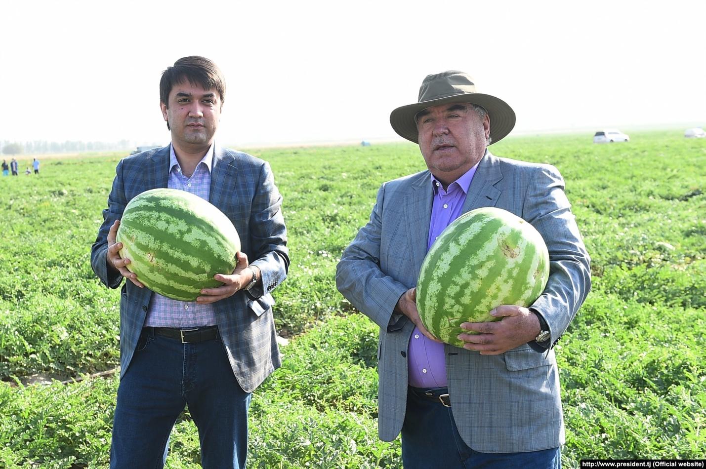 Rustam Emomali (left), chair of the Tajik parliament’s upper chamber and the mayor of Dushanbe, is widely seen as the favored successor to his father, President Emomali Rahmon (right).